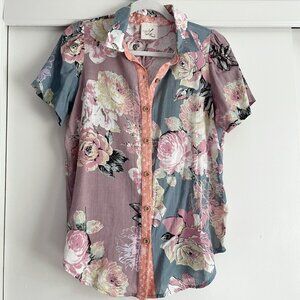 Artistic Works by Lu Floral Mix Print Top Size S Short Sleeve Button Down Blouse